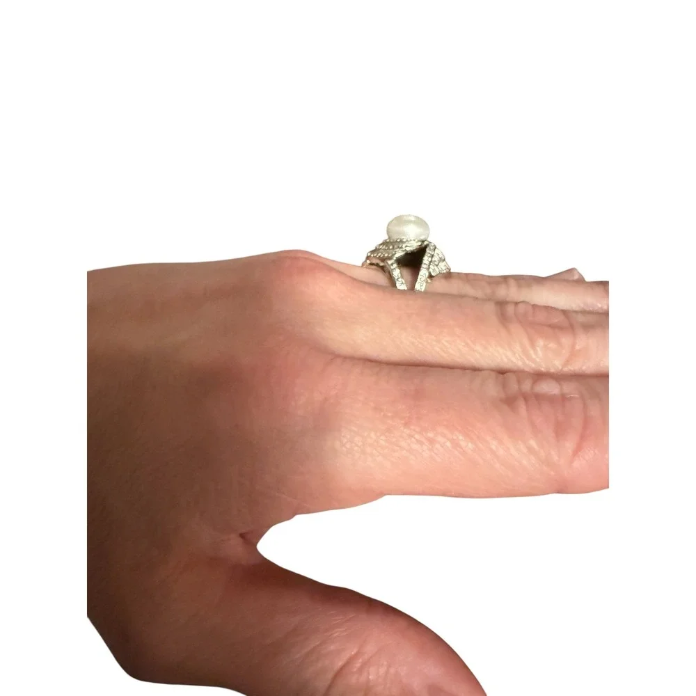 Sterling Silver Pearl Swirl Cocktail Ring Cubic Zirconia‎ Statement Size 7.75